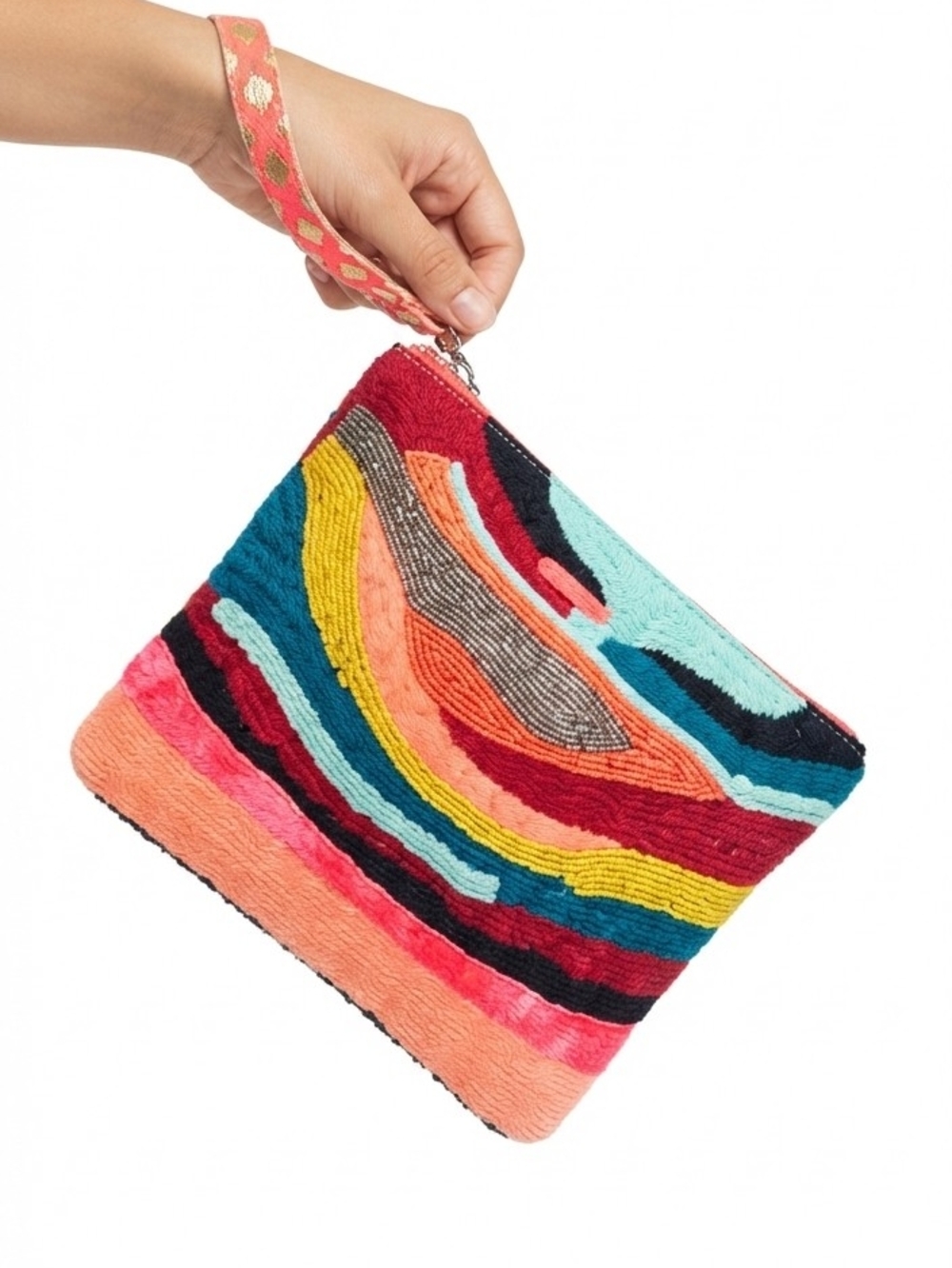 Coral Sequin Wristlet Clutch with Striped Accent